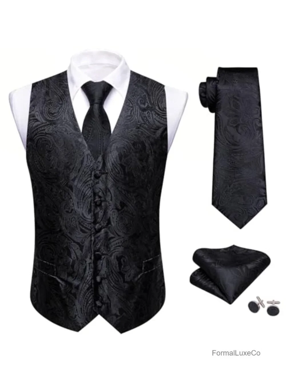 5-Piece Men's Suit Vest Set with Silk Tie, Pocket Square, Cufflinks, Tie Clip,